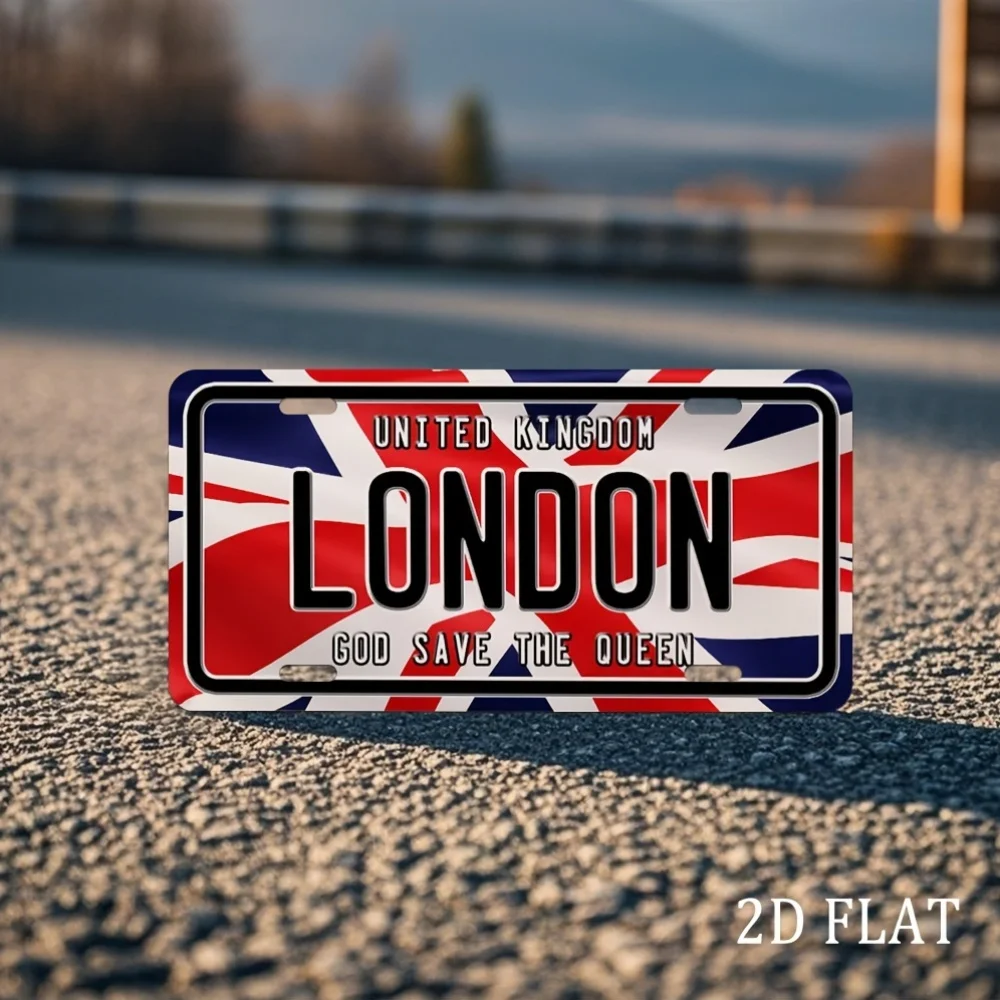 Cartel de pared de metal de British Union Jack & God Save The Queen, diseño de placa de matrícula retro de Londres de 8.0 x 3,5.0 in, oficina clásica de garaje en casa