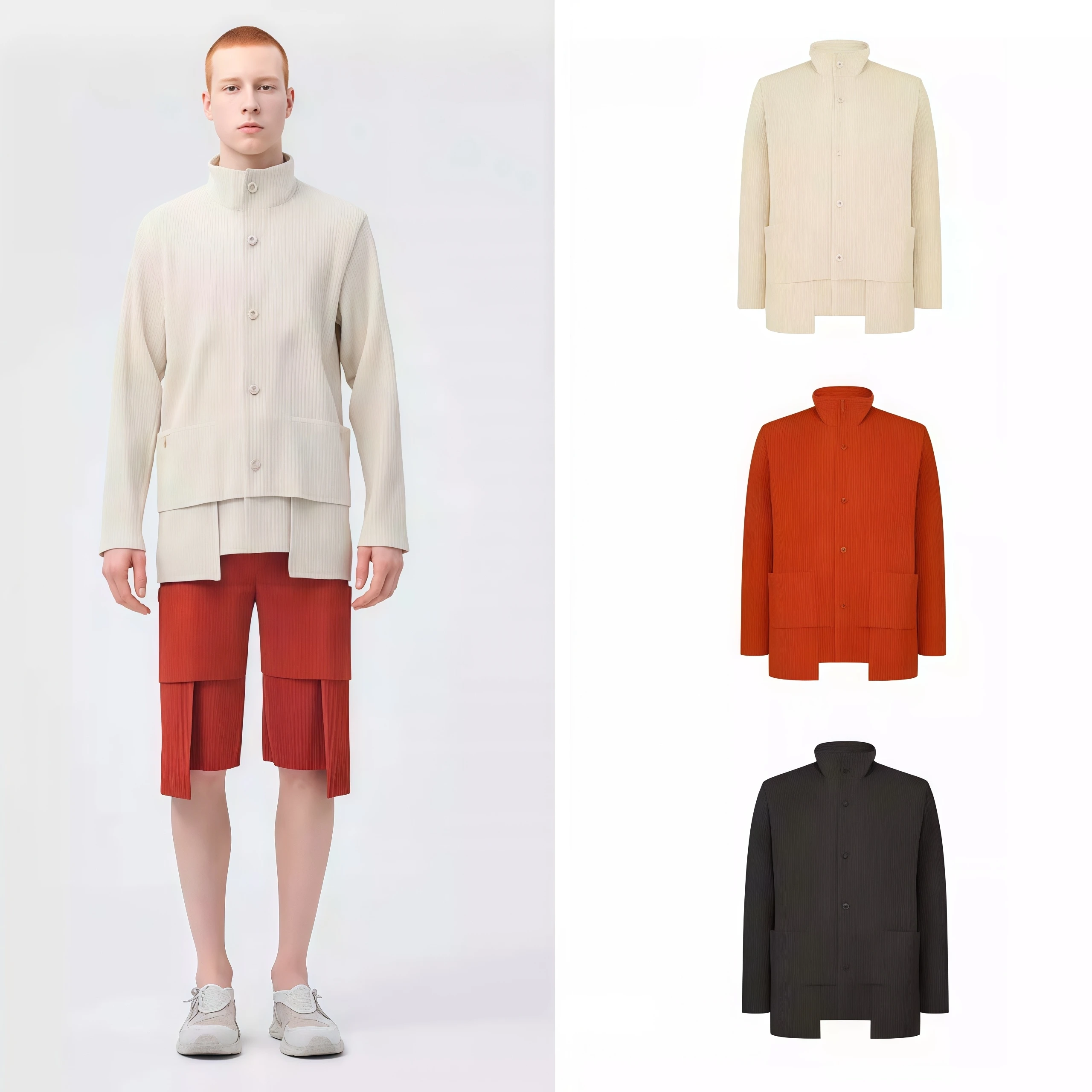 

Fold 2025 Unisex Pleated 2 Piece Set Black Long Sleeve Stand Collar Cargo Pants Co-ord Outfit Casual Daily Trendy Fashion Wear