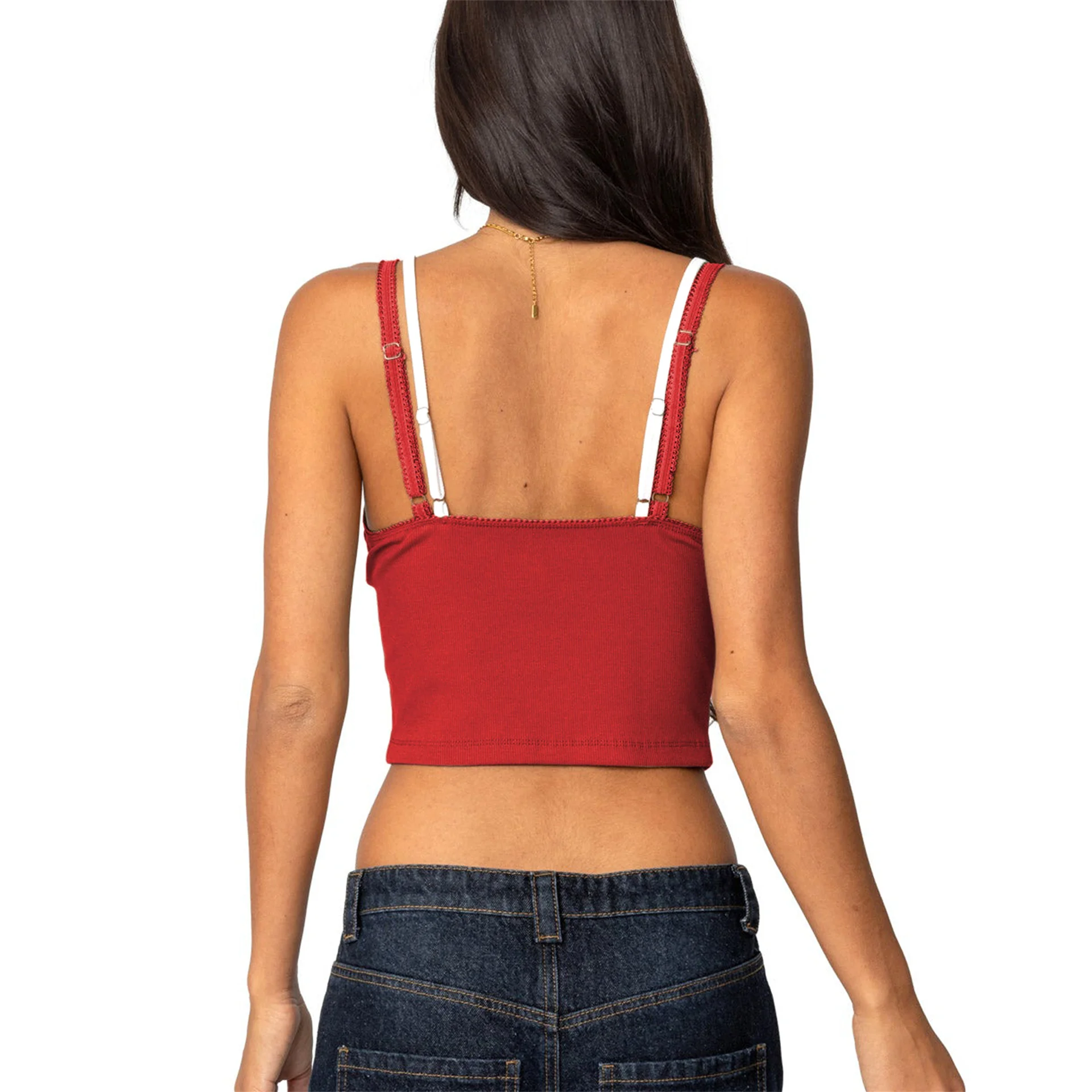 Sweet And Spicy Girl Lace Splicing Low Cut Tank Top Contrasting Color Double Root Shoulder Straps Fake Two Bow Decorative Straps