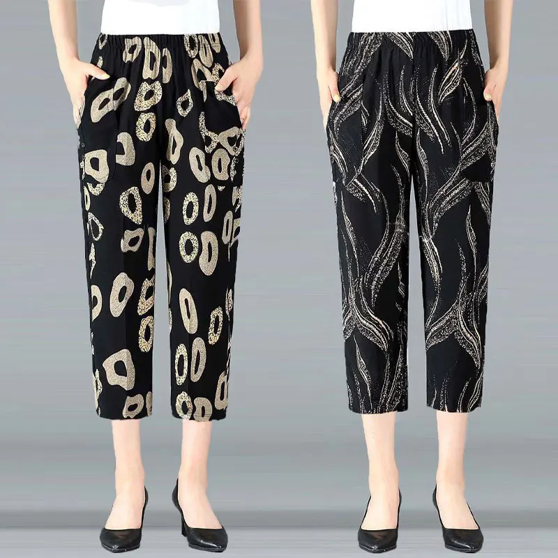 Stylish Vintage Printed Haren Pants Casual Pockets Spliced Summer Commute High Waist Elastic Women's Clothing All-match Trousers