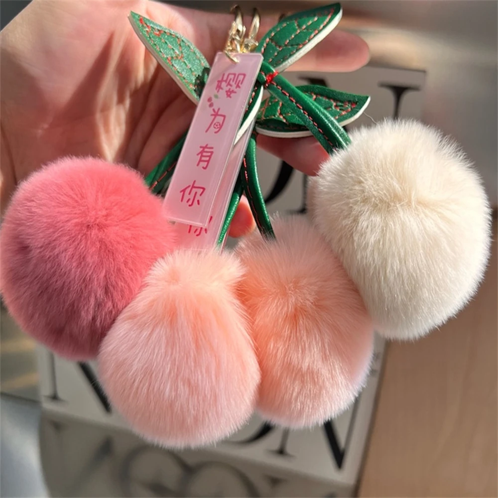 Cute Otter Rabbit Hair Cherry Bag Pendent Multi-color Car Keychain Pendant Doll Hanging Decoration Bag Charm for Women Gift