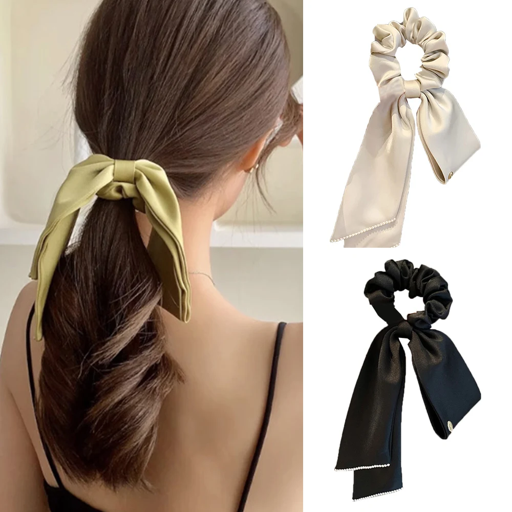 

French Silky Scrunchies Solid Color Elastic Hairband Satin Ribbon Bow Hair Rope Elegent Fashion Ponytail Holder Hair Decorations