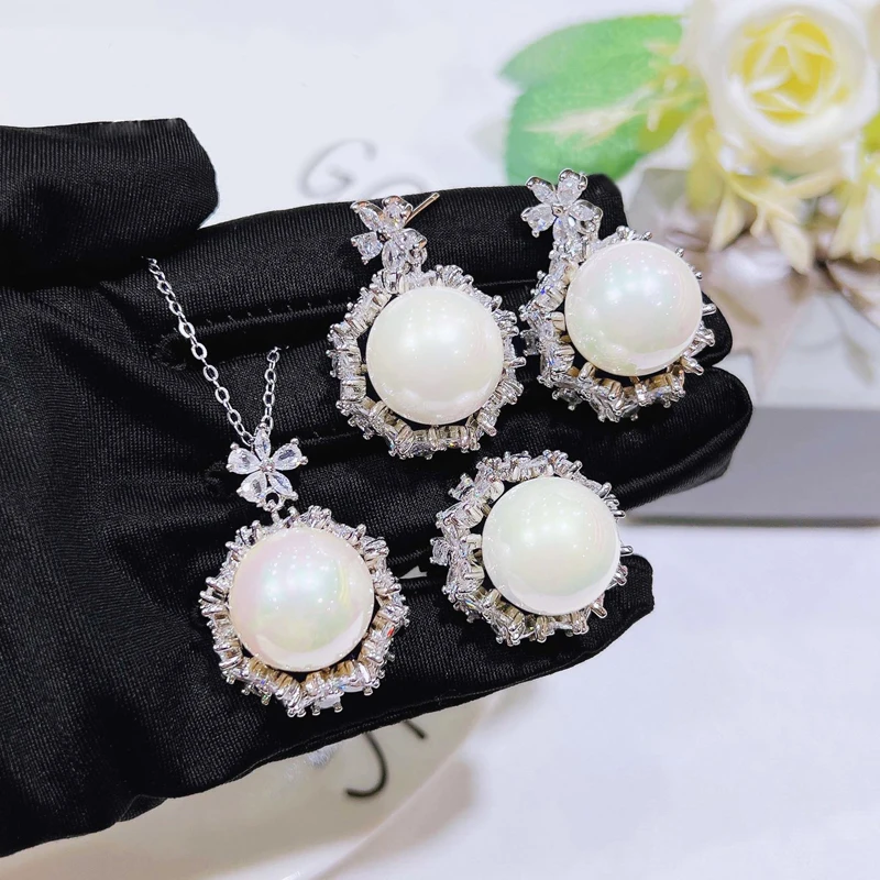 KOFSAC French Vintage Pearl Set For Women Elegant Zircon Flower Earrings Ring Necklace Beautiful 925 Silver Anniversary Jewelry