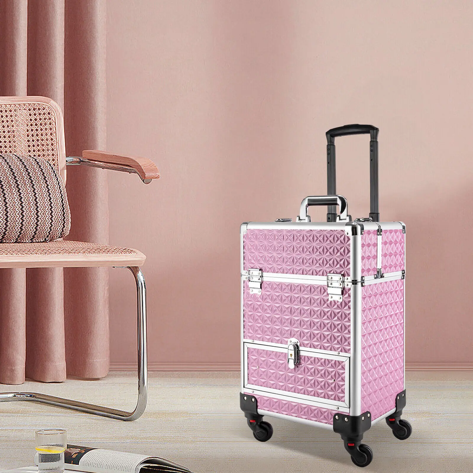 Professional Rolling Makeup Train Case Cosmetic Trolley Makeup Storage Organizer Pink with Keys