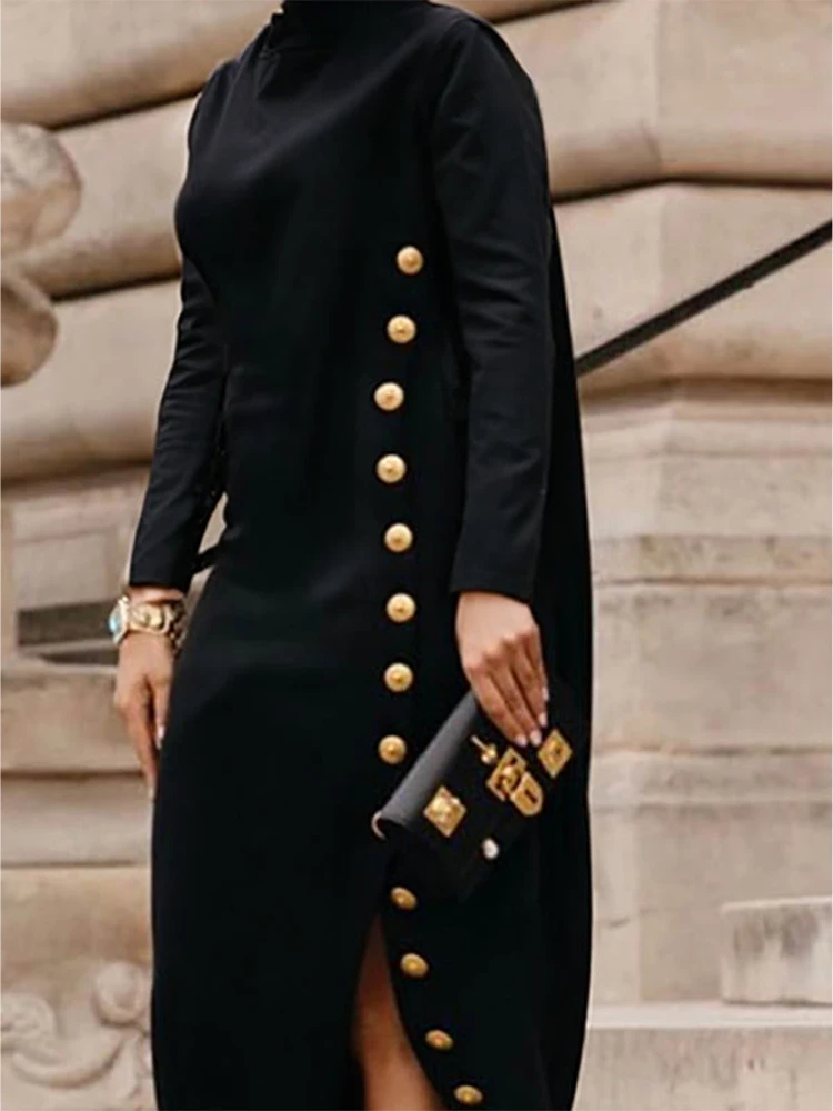 Elegant Women's Buttoned Split-Side High Neck Evening Black Dress 2026 Fashion Long Sleeves Loose Commuter Office Maxi Dresses
