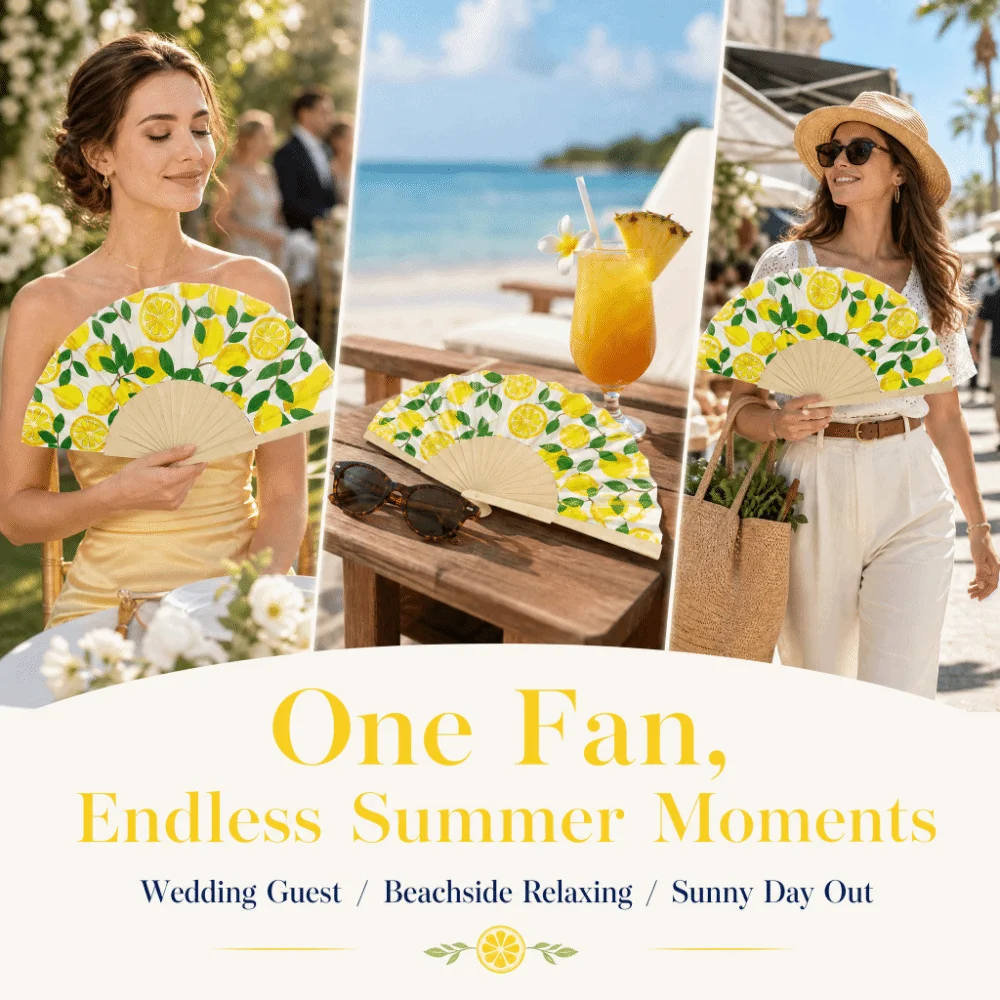 Cute Lemon Print Folding Hand Fan Wooden Handle Delicate Hand Cranked Fan Portable Creative Chinese Style Fan Photography