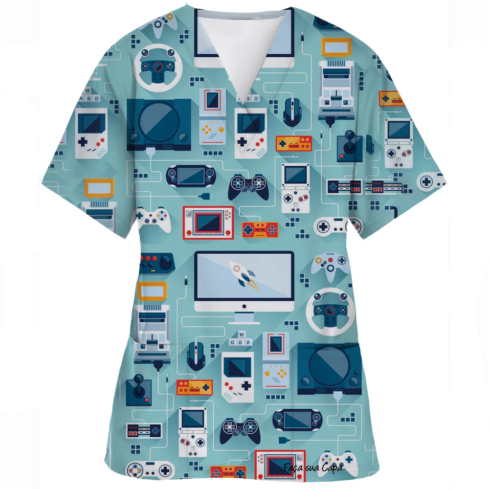 Fashion Print Dentist Nurse Uniform Scrub Tops Beauty Scrub Clothes Cartoon Nurse Medical Uniforms Working Shirts with Pockets