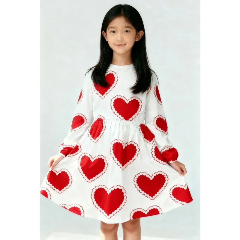 

Cute 2025 Dress, Girls with Red Heart Print, Long-sleeved Casual Children's Dress