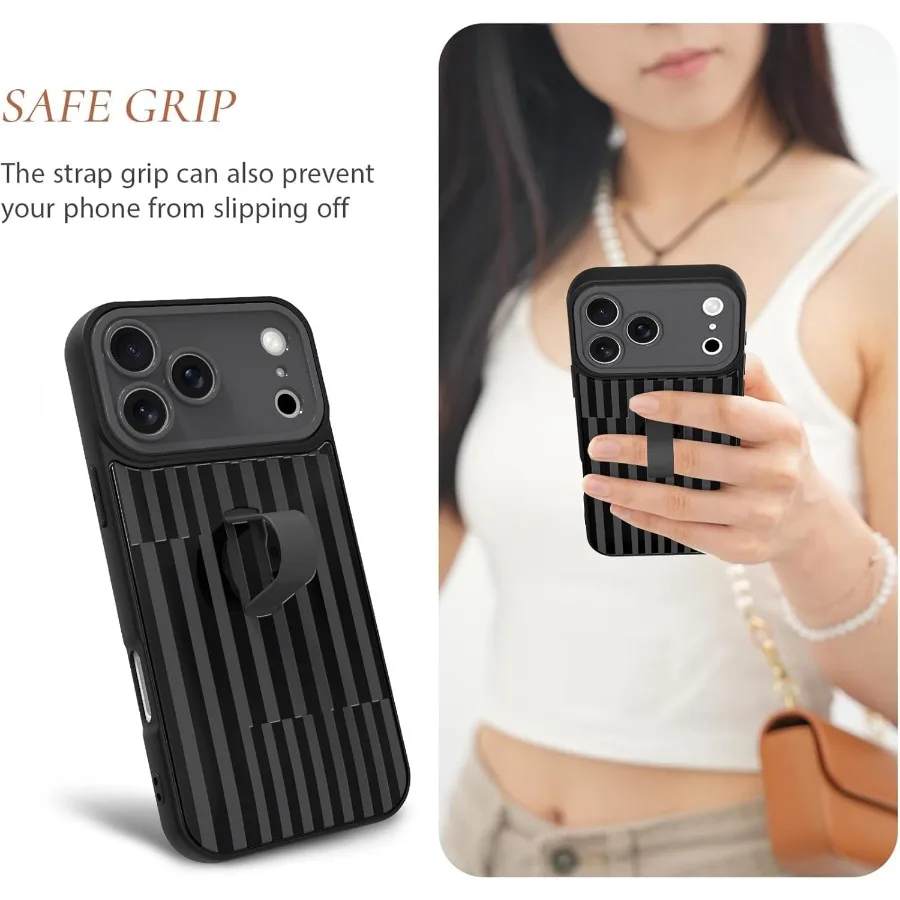 트렌디한 스트라이프 디자인의 아이폰 17 프로 호환 폰 케이스, 손가락 스트랩과 킥스탠드가 있어 휴대성 향상