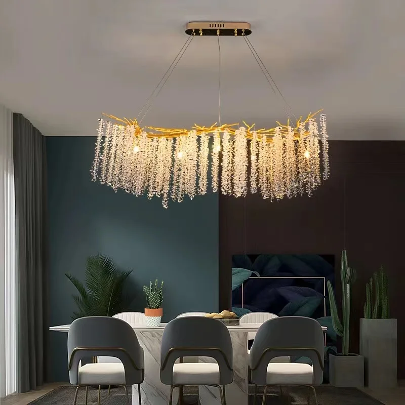 Imagem -02 - Estilo Europa Longo Teto Lustre de Cristal Ramo Simples Sala de Jantar Iluminação Alumínio Luxo Tassel Vidro Rodada Lustres