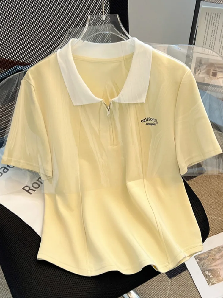 Summer Women's  irt ort Sve Zipper Pure Cotton Slim Fit Design Sense Henry Collar Top Korean Sle Commute Faion