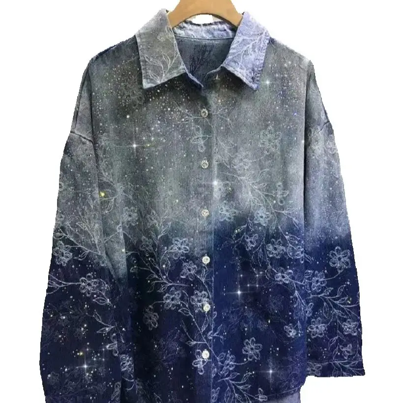 New 2024 Autumn Trend Sequins Diamonds Hot Drilling Denim Shirts and Blouses Women's Loose Casual Denim Top Jacket Woman Clothes