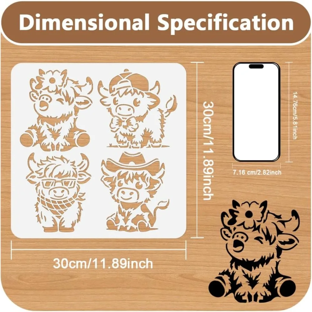 4 Styles Cartoon Highland Cow Stencil for Painting 11.8