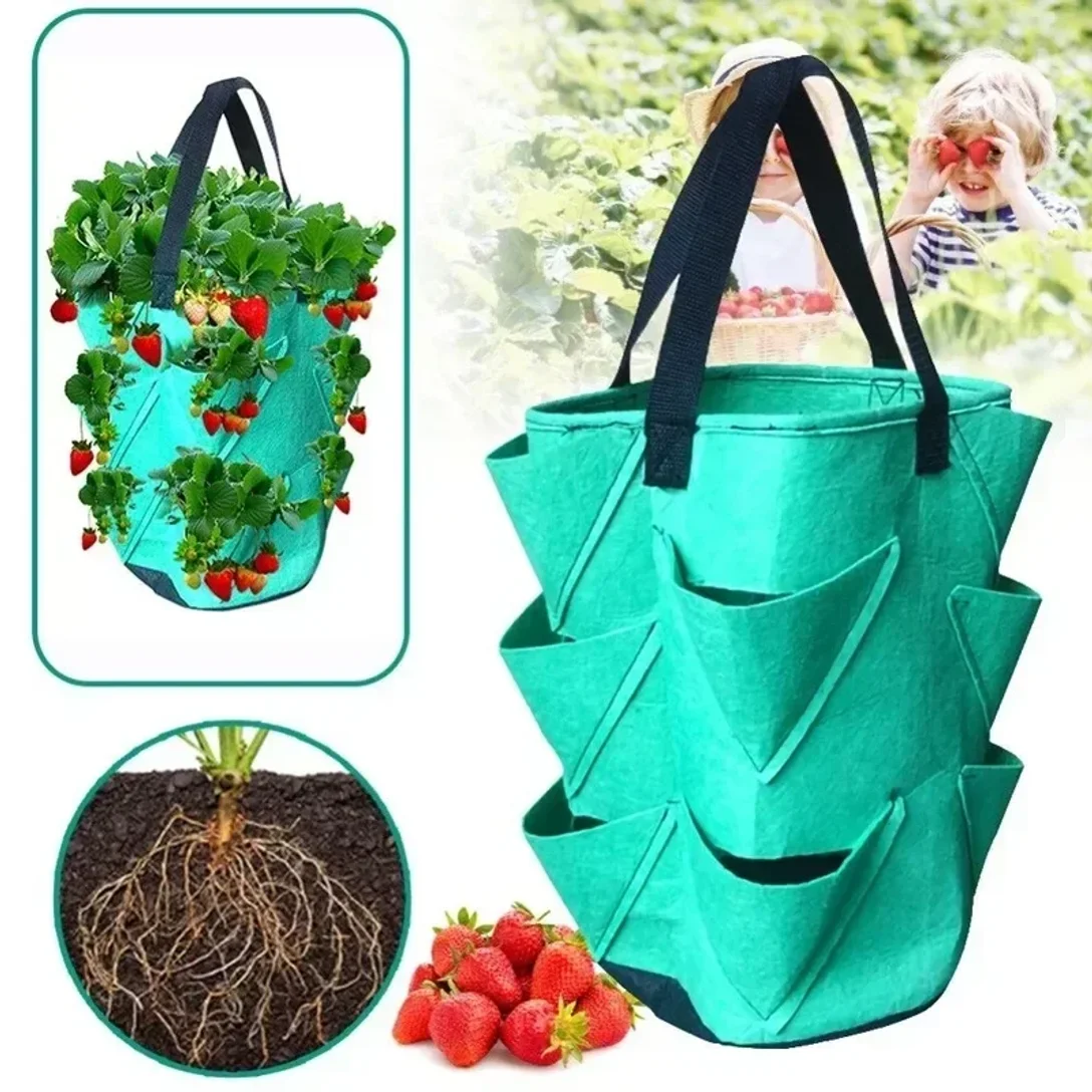 2pcs Felt Strawberry Planting Bag, Multi-Mouth Hanging Plant Grow Bag, Vertical Garden Planter for Home Garden Supplies