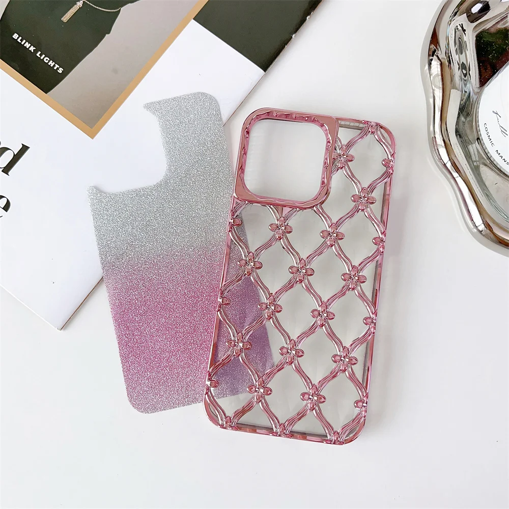 Luxury Starry Flowers Pattern Glitter Paper Case for iPhone 15 Pro Max 11 12 13 14 Pro Electroplated Gradient Sparkly Soft Cover