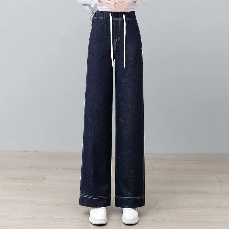 

Темно-синие широкие джинсы для женщин, осенние новые эластичные свободные прямые брюки с высокой талией и блестками