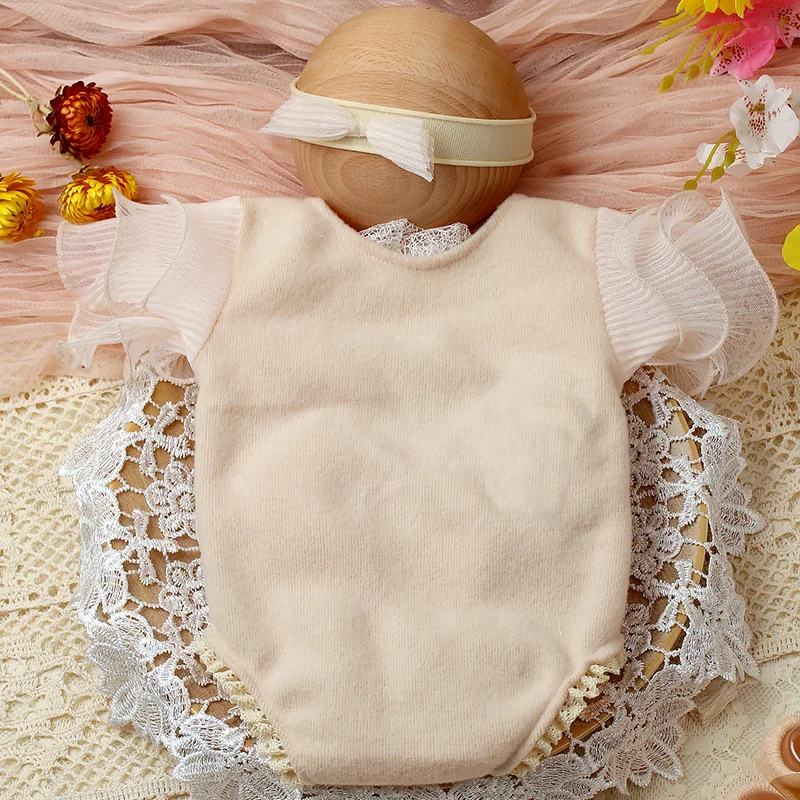 Ylsteed 2 Pieces Set Beige Newborn Photography Costume Lace Romper Bow Headband Set Baby Girl Photo Shooting Outfits