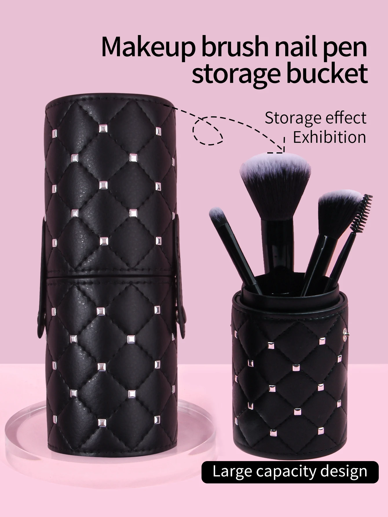 Dust-Proof & Water-Resistant Pu Makeup Brush Storage Bucket With Multi-Functional Nail Art Brush Holder, Portable For Traveling