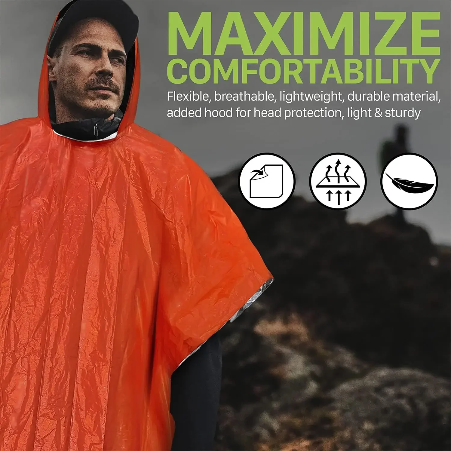 Emergency Rain Poncho Hood Reusable Weather Resistant Raincoat Men Women Camping Hiking Outdoor Survival Waterproof Travel Gear