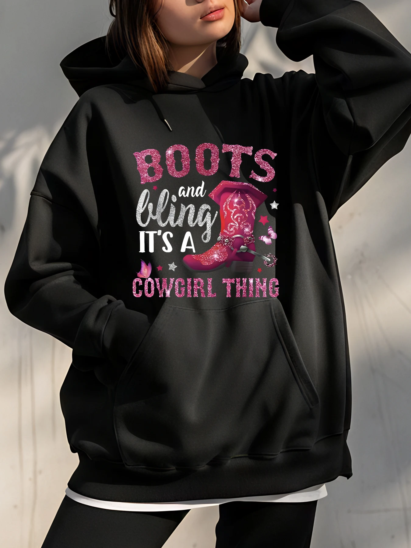 

【Cowgirl】Ботинки и блестящая толстовка с принтом, свободный крой, повседневный стиль, с розовым рисунком ботинок, женская, повседневная одежда
