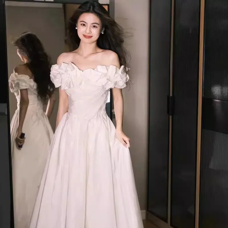 

Off Shoulder French White Lace Bride Wedding Engagement Banquet Host Performance Evening Gown Dress Customized