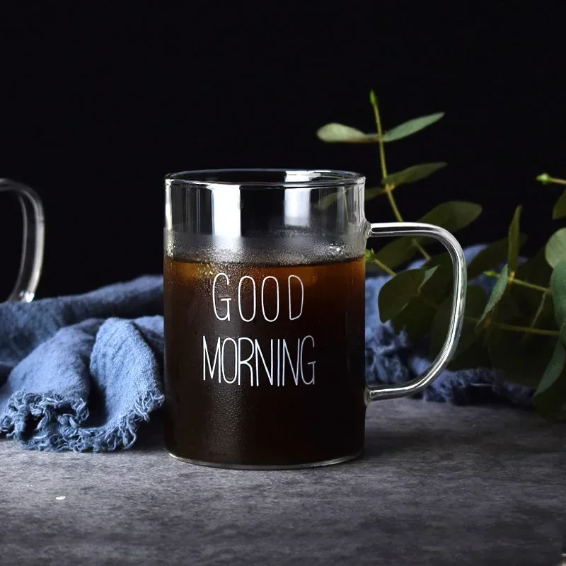 500ml Good Morning Glass Mug Coffee Milk Breakfast Cup Tumbler with Handle Transparent Drinkware Household Gift for Children Set