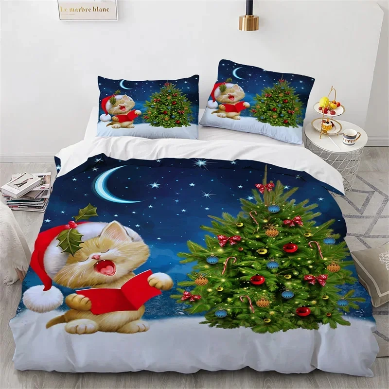 Cat Duvet Cover Merry Christmas Bedding Set Microfiber Cartoon Animal Santa Claus Comforter Cover Full For Kids Teens Room Decor