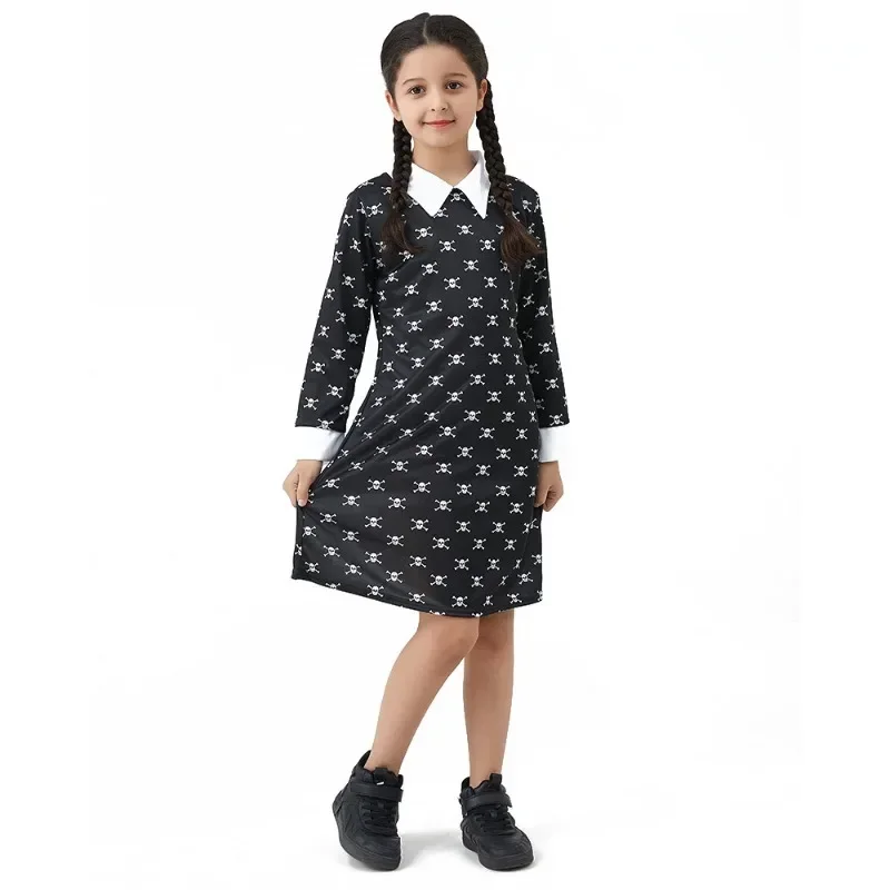 Girl Summer Dress Wednesday Adams Cosplay Costumes  Addams Family Costume Hand Clothing Black Dress Wig for Kids Girls Clothes