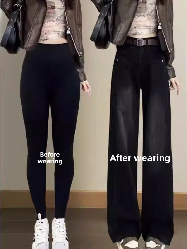 

plus Size Bla Wide Leg Jeans Women's Spring New Sle Floor Length Pear ape Straight Leg Pants Casual High Waist Denim