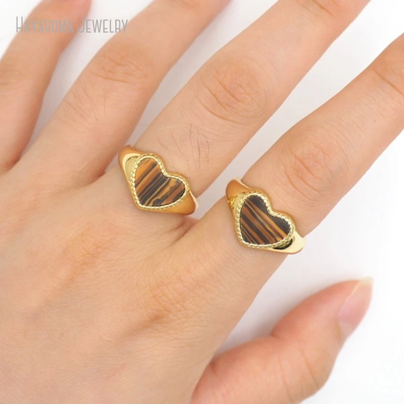 10Pcs Wholesale Gift For Her Metal Stone Tiger Eye Copper Hearts Heart Shape Point Gold Color Ring RM50951