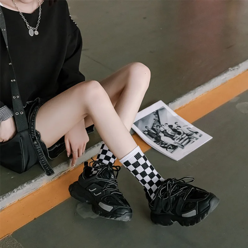 Women Socks Checkboard Harajuku Street Fashion Black Square Partner Street Sport Print Skateboard Sock Hip Hop Men/Women Sock 8#