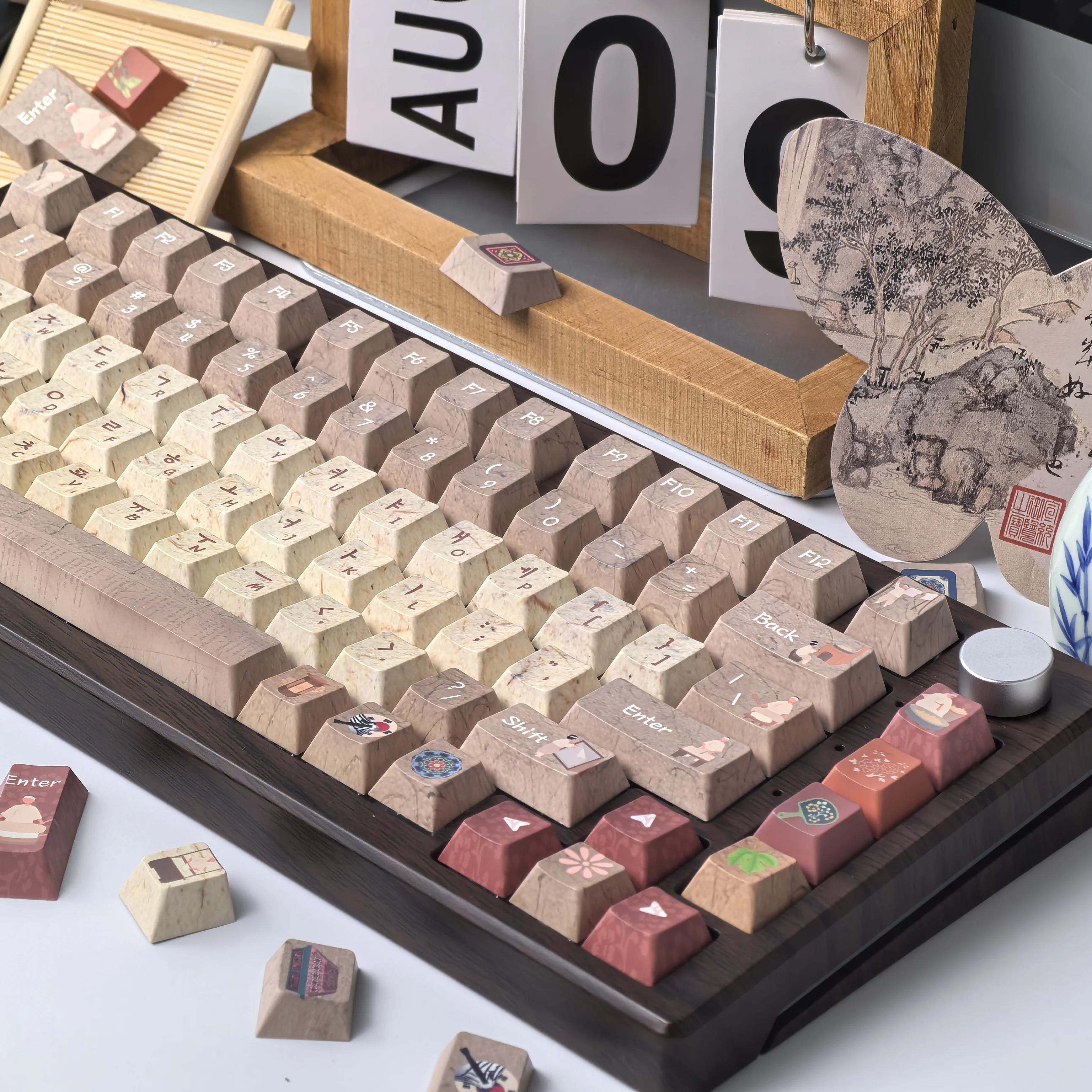 Keycaps Korean Hanji Theme Korean Ancient Culture Style Aulaf75/F87/F75Pro Keyboard Customized Keycaps Brown-Red