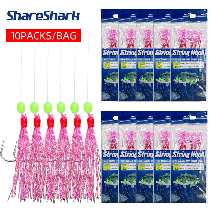 

ShareShark 10pcs Fishing Flasher Bait Rigs With Glow Fishing Beads High Carbon Hooks String Hook For Freshwater And Saltwater