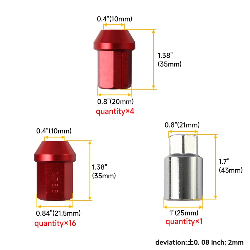 Red/Silver M12X1.5MM 20 Pieces Aluminum Closed Ended Lug Nuts with Locking Key Red/Silver