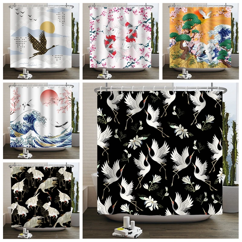 

Japanese Shower Curtain Carp Crane Koi Bathroom Curtain Cherry Blossoms Fish Art Chinese Traditional Waterproof Bathroom Decor