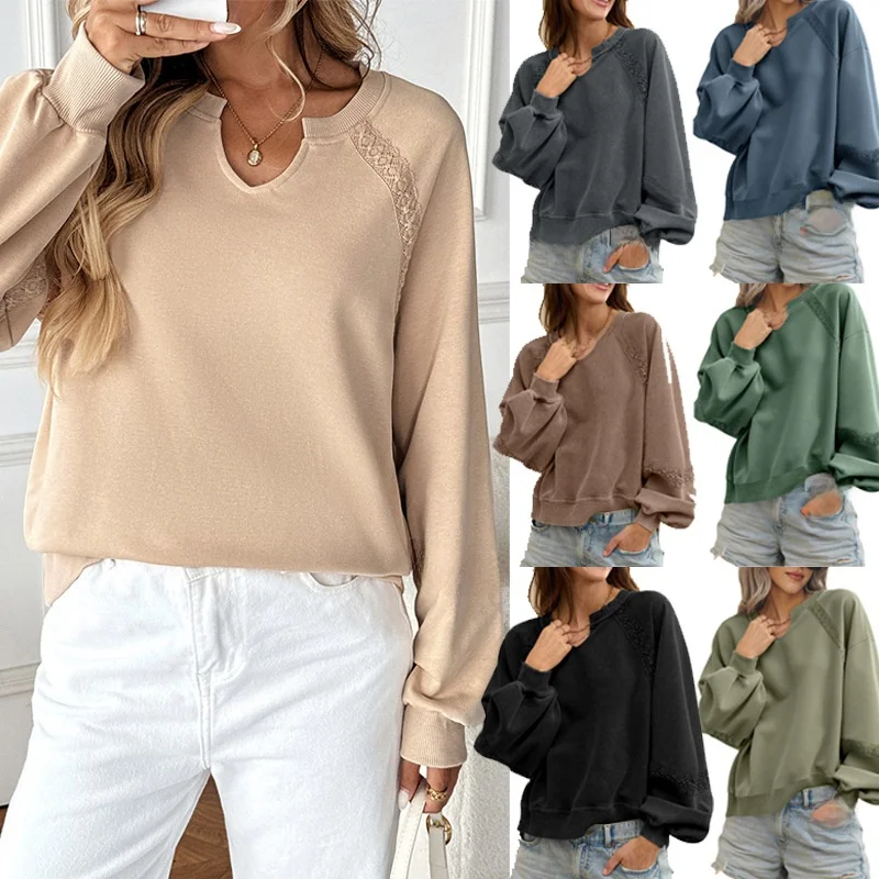Color f Open Collar Stitching Lace Loose Faion Long Sve Women's Sweatirt Premium Quali Spring Collection