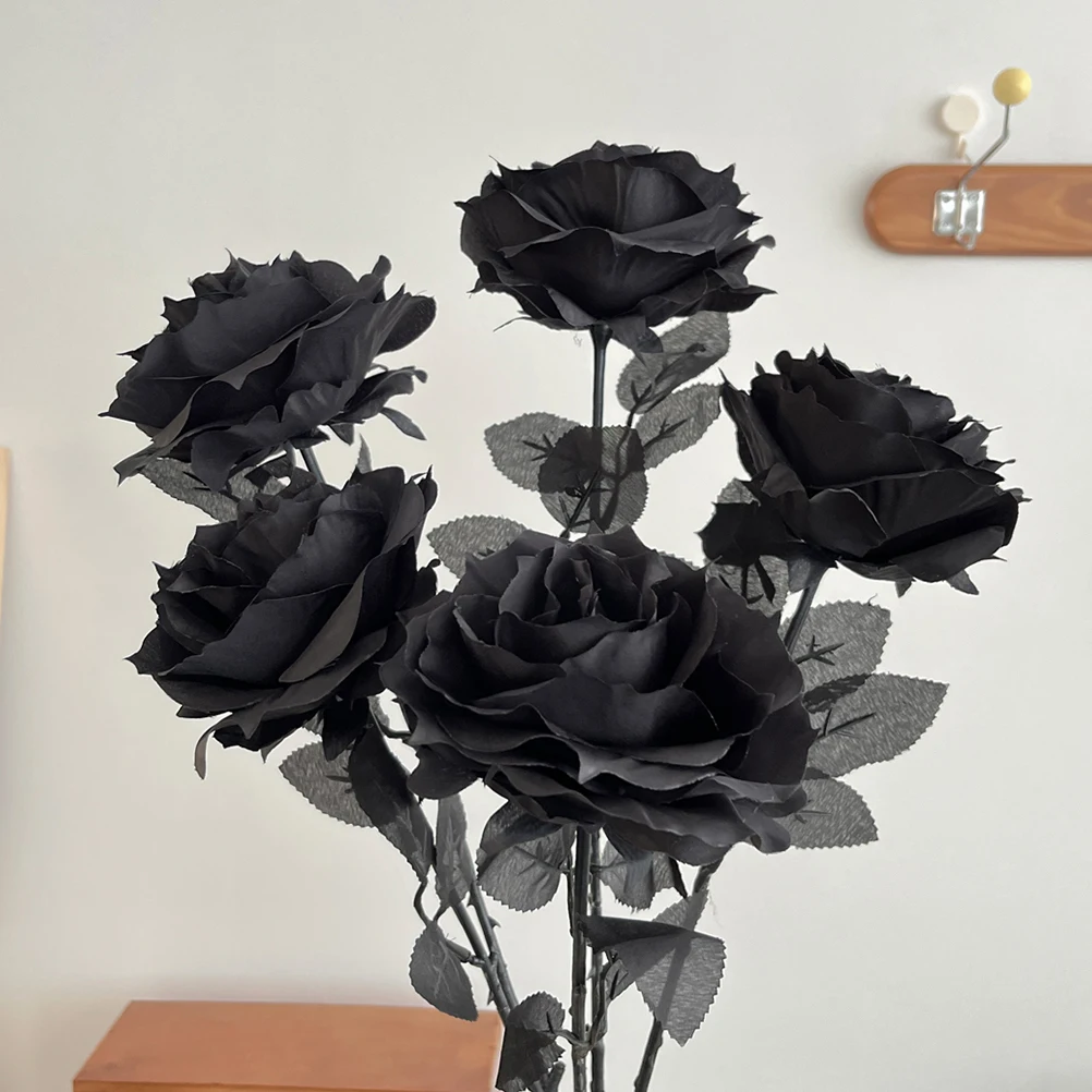 

6pcs Black Fake Flowers Single Head Black Flowers for Halloween DecorRose Artificial Roses Arrangements