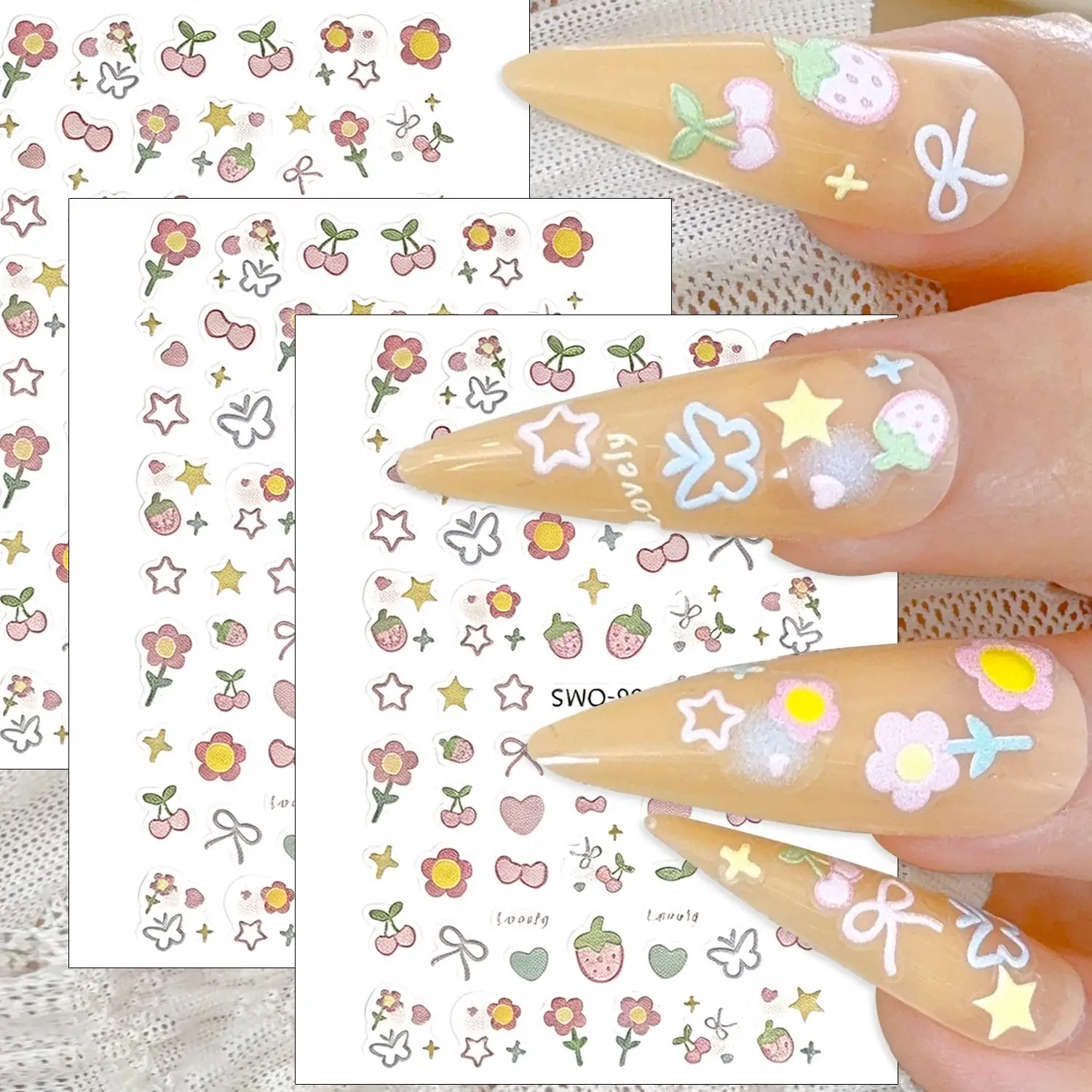 Sweet Element Nail Stickers Simple Flower Heart Cherry Strawberry Kawaii Decals Colorful Bow Butterfly Manicure Sliders Sticker