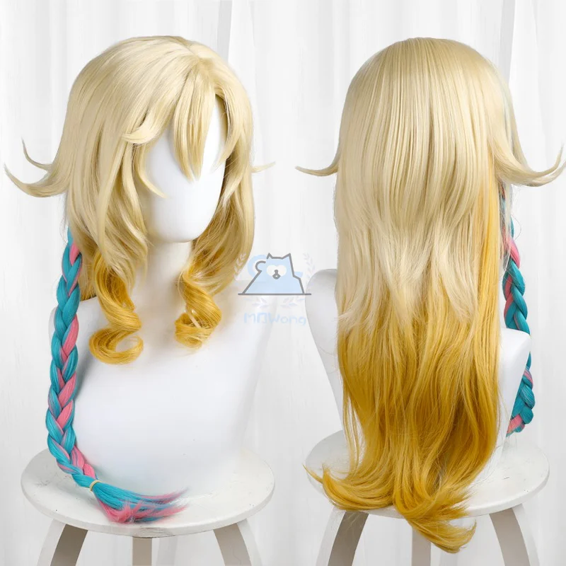 Genshin Impact Xilonen Peruca Cosplay para Mulheres, Cabelo Comprido, Amarelo Dourado, Rosa, Azul, Jogo, Natlan, Halloween Party Props