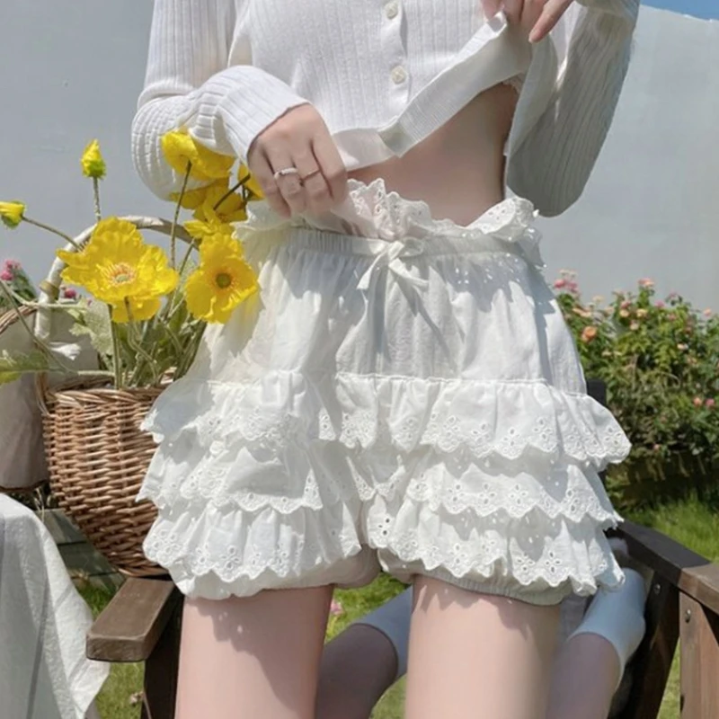 

Sweet Tiered Ruffled Lace Pumpkin Shorts Women JK Girl Japanese Vintage Victorian Bowknot Bloomers Cake Skirt Underpants