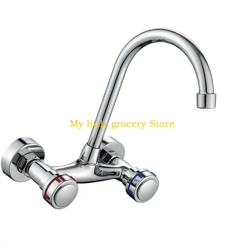 D5BD Modern Wall Mount Double Handle Faucet 360 Degree Rotations Spouts Space Saving Design For Kitchen Sink Applications