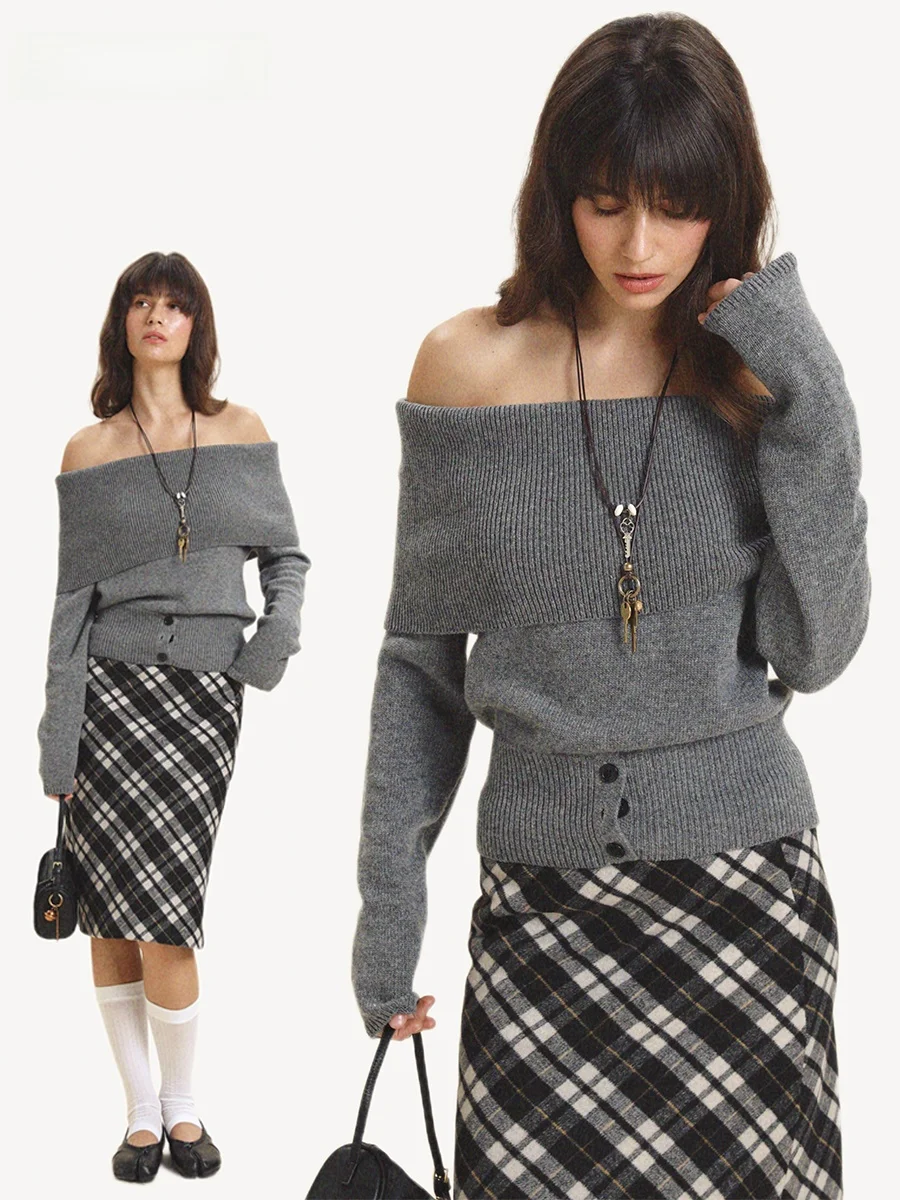 

UUYUMMY Новинка зимы: женский вязаный свитер из шерстяной смеси, на одно плечо, универсальный, уютный, дышащий, с длинными рукавами, укороченный