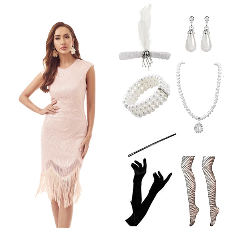 

Plus Size Women 1920s Art Deco Great Gatsby Sequin Fringe Flapper Dress Tassels Costume Accessories Set with Sleeveless