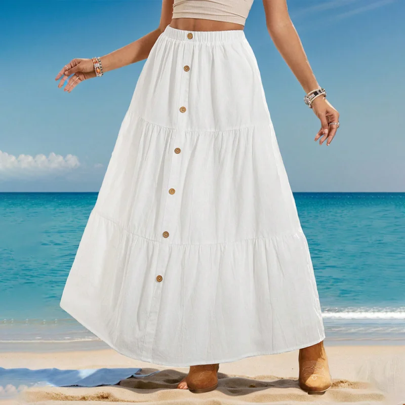 

Women's New Elastic Waist Single-Breasted Fashion Casual Vacation Cake Skirt Beach Midi Skirt