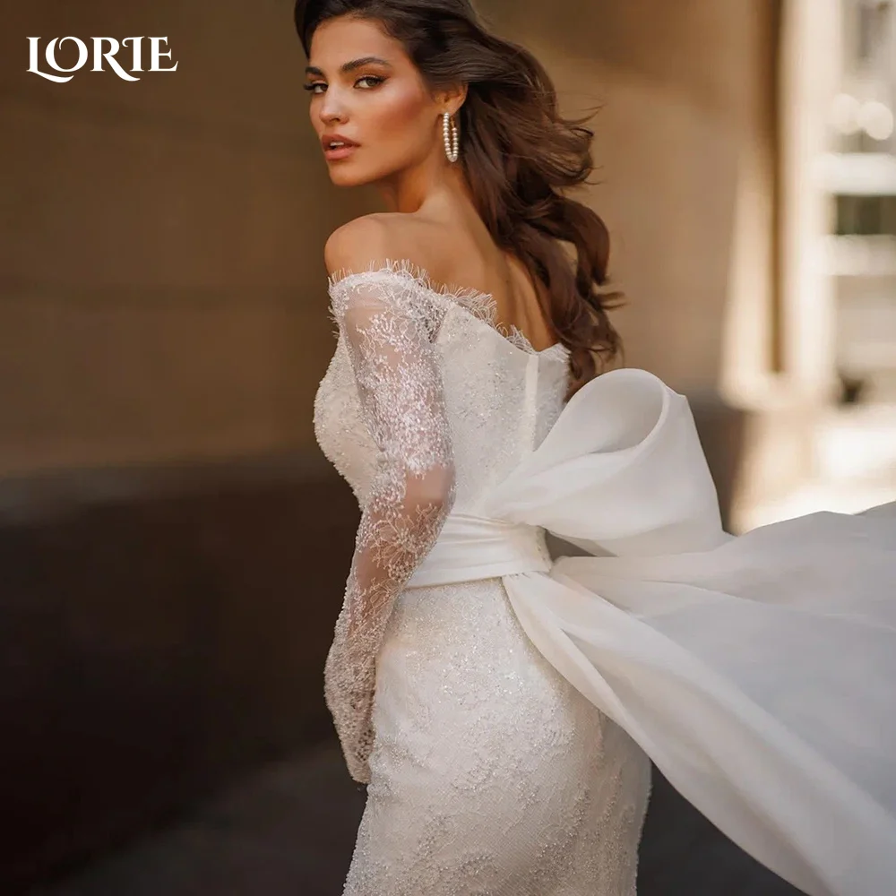 

LORIE Lace Mermaid Wedding Dress Pleats Long Sleeve Slit Appliques Bridal Gown Customized Backless Bride DressSaudi Dress Dubai