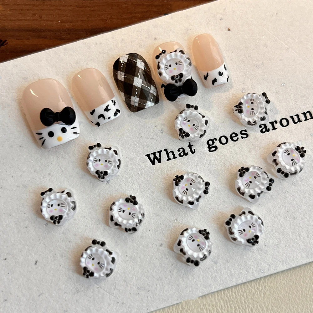 10Pcs 3D Cartoon Resin Hat Kitty Nail Charms Black White/Leopard/Pink Hat Hello Kitty Nail Art Decor Autumn Winter KT Hat Parts