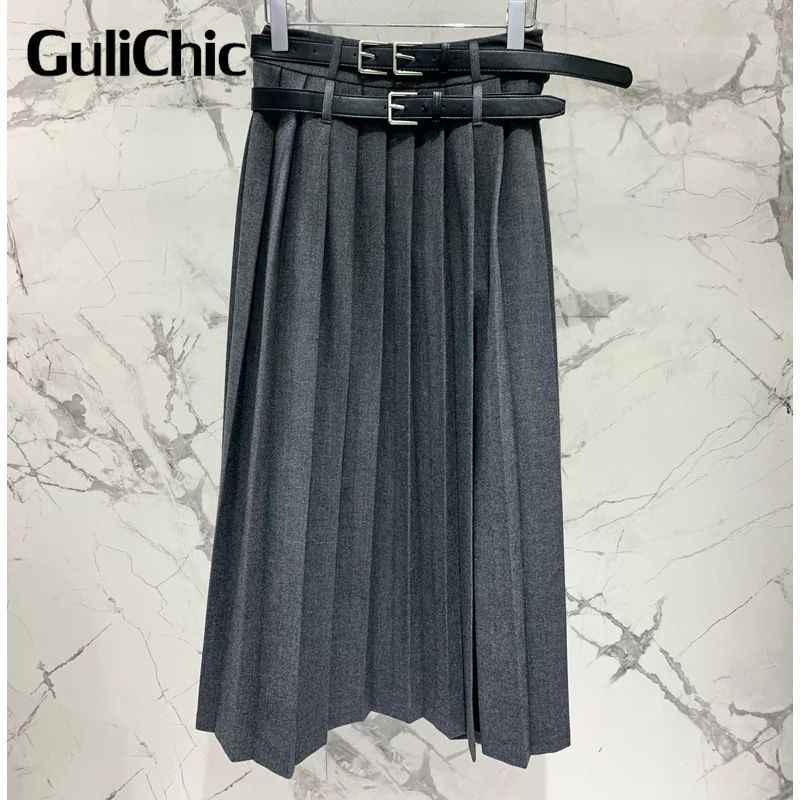 8.14 GuliChic Women High Quality Temperament Fashion Double Belt Design Side Split Pleated Long SKirt Or Mini Skirt