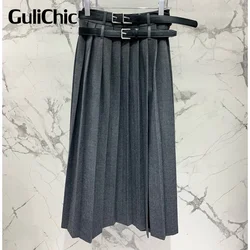 8.14 GuliChic Women High Quality Temperament Fashion Double Belt Design Side Split Pleated Long SKirt Or Mini Skirt