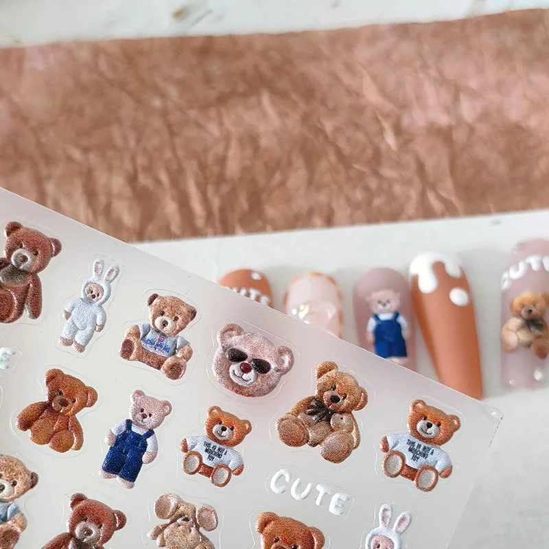 1Pcs Cartoon Hug Bear Nail Stickers High Quality 3D Engraved Nail Art Decorations Decals Kawaii Design Nails Design Accessories﻿