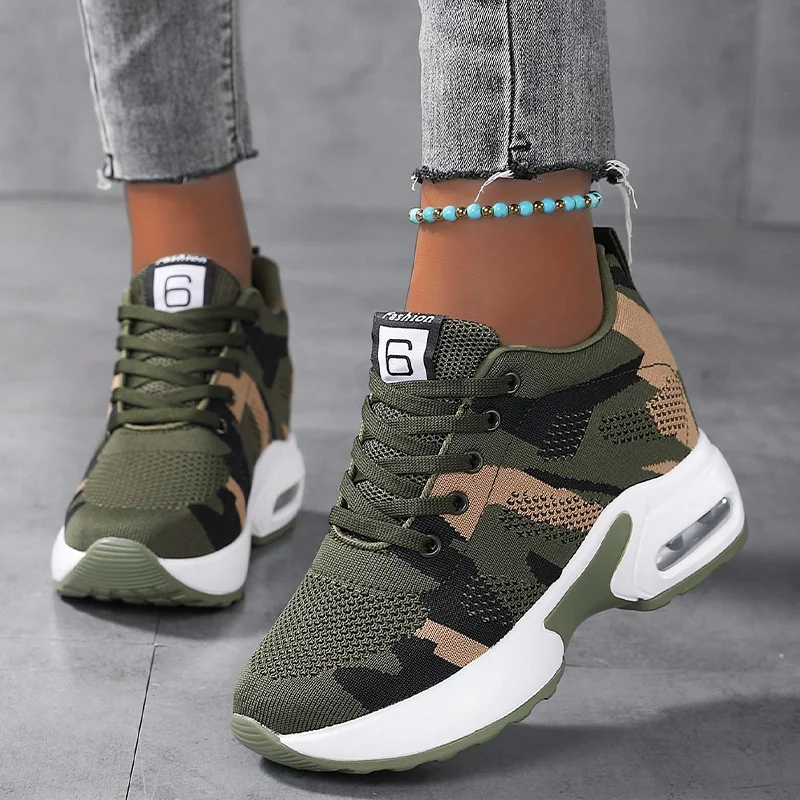 Frauen Höhe Erhöhen Turnschuhe Air Kissen Laufschuhe Sport Schuhe Femal Mesh Atmungsaktive Flache Hohe Ferse Schuhe Camouflage Grüne Schuhe